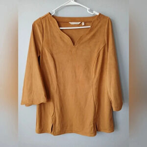 Soft Surroundings 3/4 bell sleeve tan top scalloped neck women's XS boho